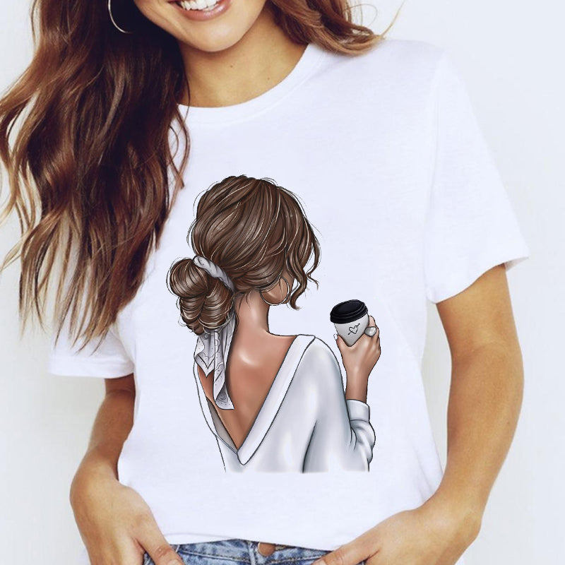 Women Graphic Coffee Sweet Girl Cartoon Short Sleeve Spring Summer Lady Clothes Tops T-Shirt