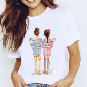 Women Graphic Coffee Sweet Girl Cartoon Short Sleeve Spring Summer Lady Clothes Tops T-Shirt