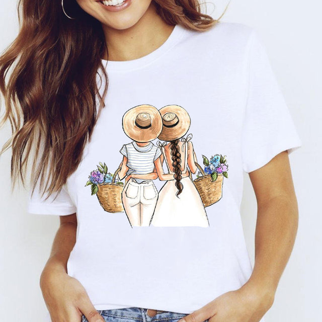 Women Graphic Coffee Sweet Girl Cartoon Short Sleeve Spring Summer Lady Clothes Tops T-Shirt