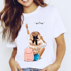 Women Graphic Coffee Sweet Girl Cartoon Short Sleeve Spring Summer Lady Clothes Tops T-Shirt