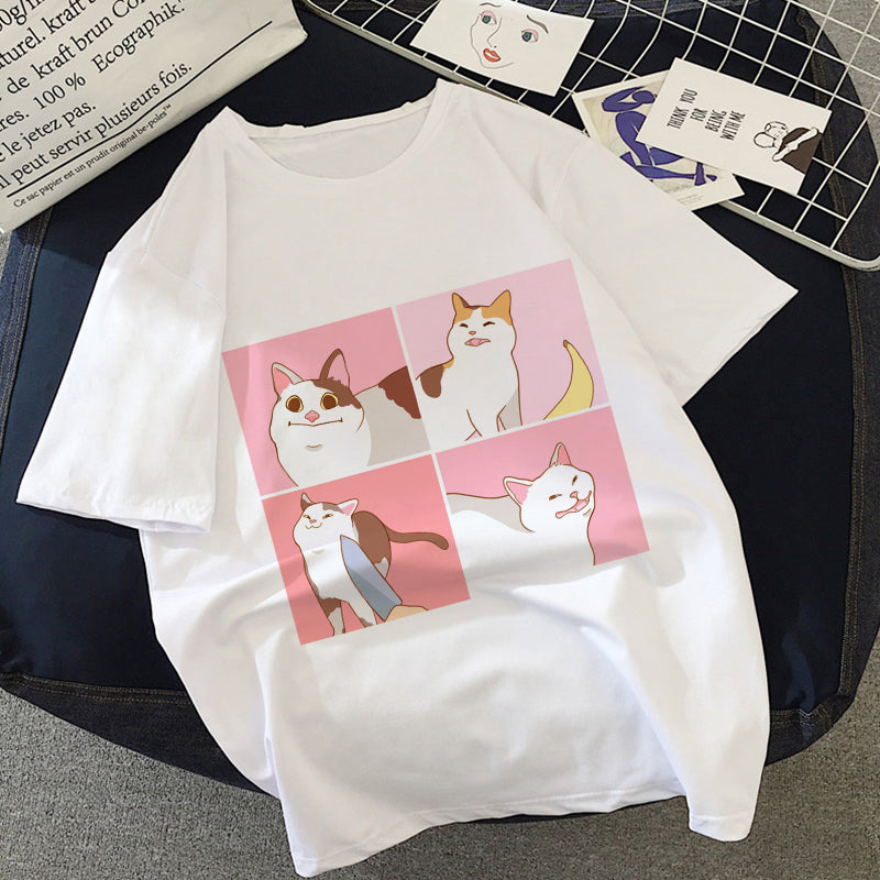Cat Anime Graphic Print T-shirt Women Summer Fashion Tshirt Aesthetic White Tops Female T Shirt