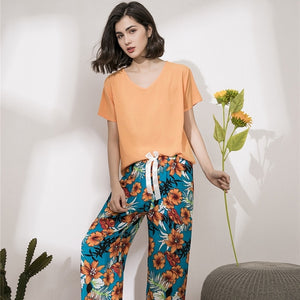 Floral Printed Pajama Sleepwear Female Casual V Neck Elastic Waist Nightwear Retro Women