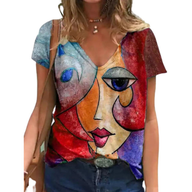 V Neck Tshirt Women Summer Casual Oversize Print Shirt Tops Streetwear Short Sleeve Clothes