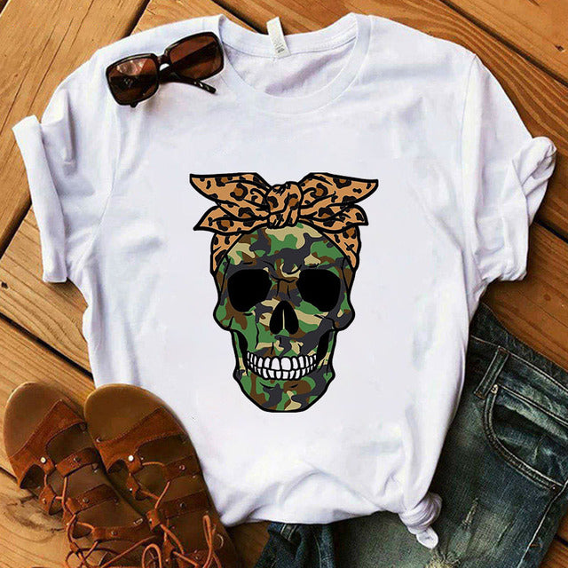 Women T-shirt  Skull Deer Turban T-shirt Clothes Short Sleeve Graphic T-shirt Tops