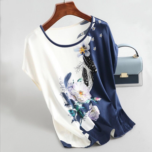 Fashion Floral Print Blouse Ladies Silk Blouses Sleeve Print Casual Short Sleeve Tops