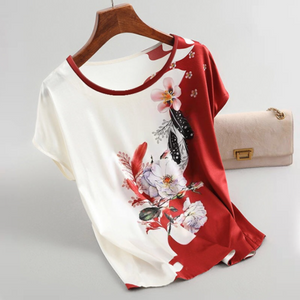 Fashion Floral Print Blouse Ladies Silk Blouses Sleeve Print Casual Short Sleeve Tops