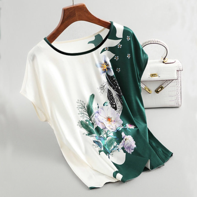 Fashion Floral Print Blouse Ladies Silk Blouses Sleeve Print Casual Short Sleeve Tops