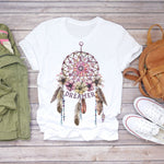 Women T Shirt Feather Print Summer Short Sleeve Fashion Lady T-Shirts Top Tee