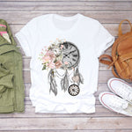 Women T Shirt Feather Print Summer Short Sleeve Fashion Lady T-Shirts Top Tee