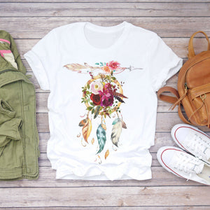 Women T Shirt Feather Print Summer Short Sleeve Fashion Lady T-Shirts Top Tee