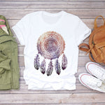 Women T Shirt Feather Print Summer Short Sleeve Fashion Lady T-Shirts Top Tee