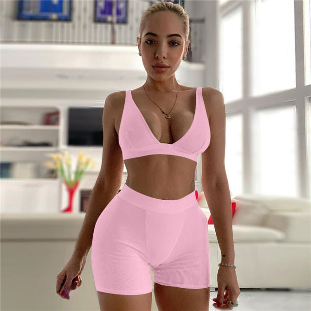 2PCS/Set Sexy Women Sleeveless Strap Bra Bustiers Tank Tops High Waist Shorts Pants Trousers Summer