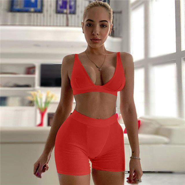 2PCS/Set Sexy Women Sleeveless Strap Bra Bustiers Tank Tops High Waist Shorts Pants Trousers Summer