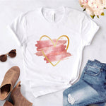 Heart flower print ladies T-shirt ladies O-collar white shirt short sleeve ladies T-shirt