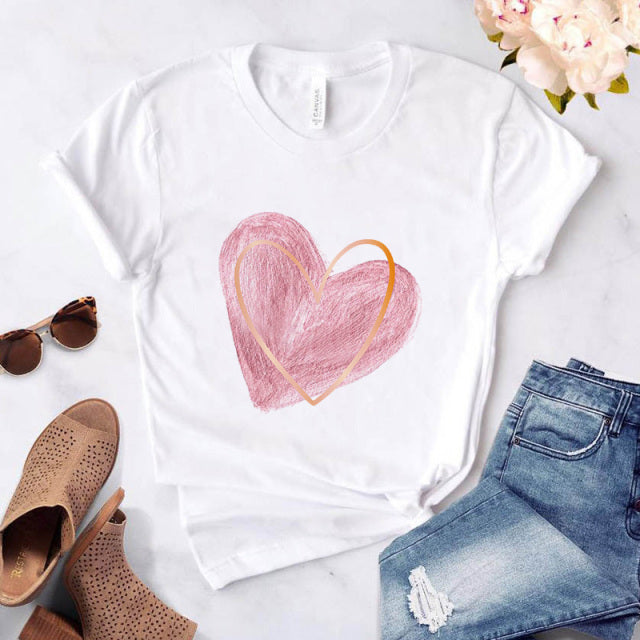 Heart flower print ladies T-shirt ladies O-collar white shirt short sleeve ladies T-shirt