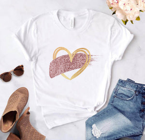 Heart flower print ladies T-shirt ladies O-collar white shirt short sleeve ladies T-shirt