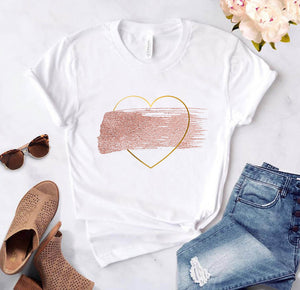 Heart flower print ladies T-shirt ladies O-collar white shirt short sleeve ladies T-shirt