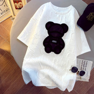 Women T-shirts Girls Tops Letter Jacquard O-neck Short Sleeves Loose Summer Tshirt Bear White Tees