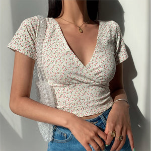 Summer French retro floral V-neck short-sleeved T-shirt Slim slimming wild high waist T-shirt women top