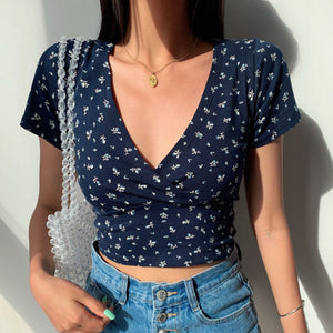 Summer French retro floral V-neck short-sleeved T-shirt Slim slimming wild high waist T-shirt women top