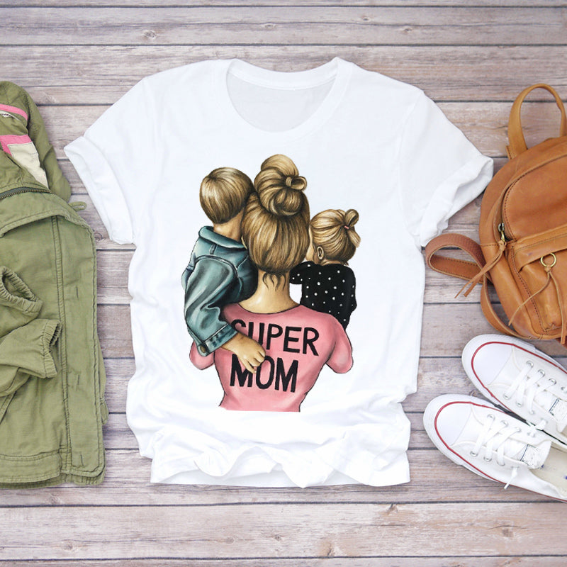 Women Cartoon Super Mom Life Mama Mother Summer Print Lady T-shirts Top