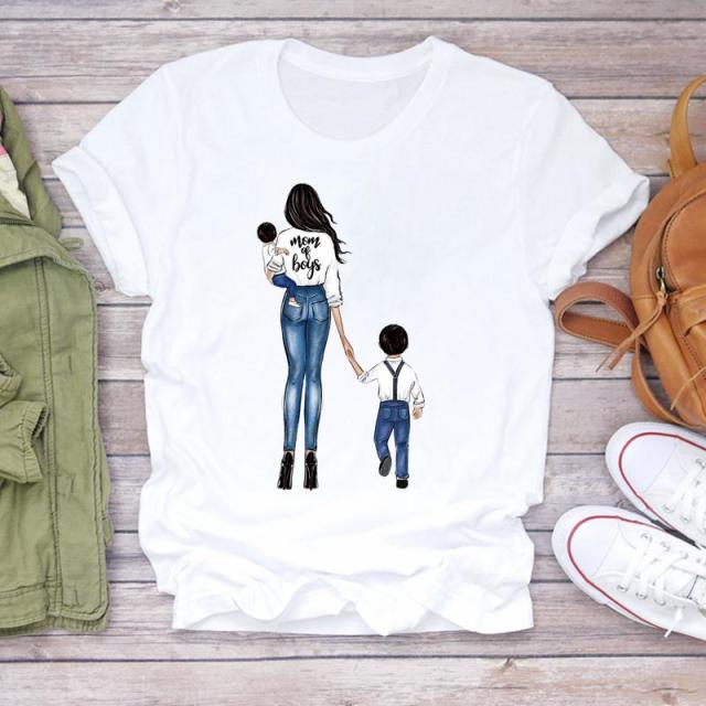 Women Cartoon Super Mom Life Mama Mother Summer Print Lady T-shirts Top