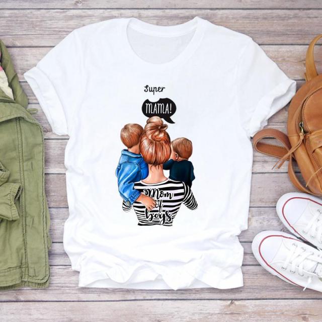 Women Cartoon Super Mom Life Mama Mother Summer Print Lady T-shirts Top