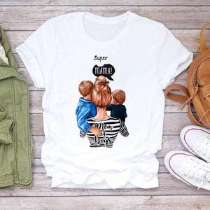 Women Cartoon Super Mom Life Mama Mother Summer Print Lady T-shirts Top