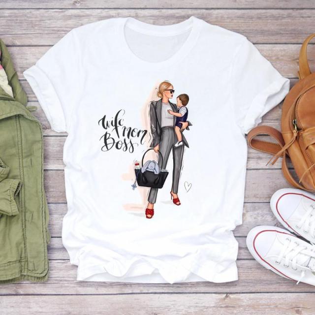 Women Cartoon Super Mom Life Mama Mother Summer Print Lady T-shirts Top