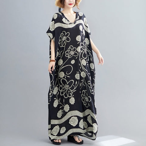 short sleeve cotton satin vintage floral dresses for women casual loose maxi long