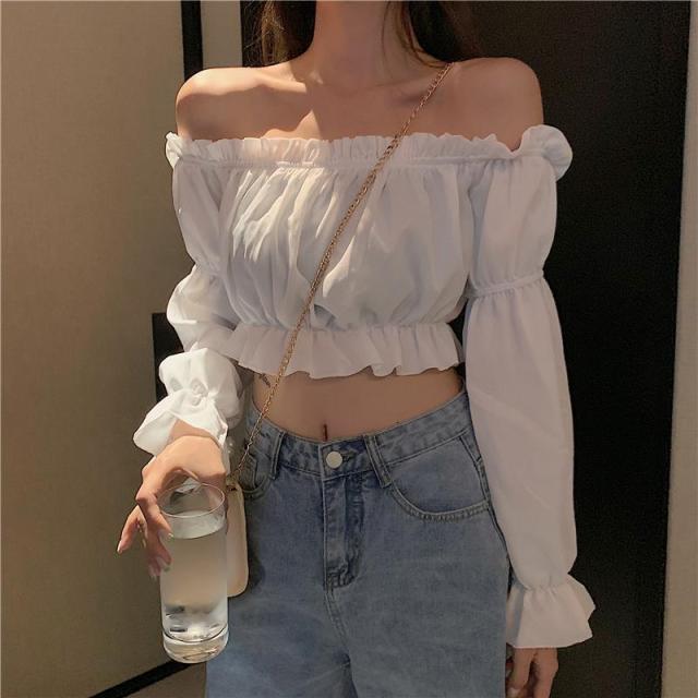 Women Top Sexy Blouse Off Shoulder Top Long Sleeve White Shirt