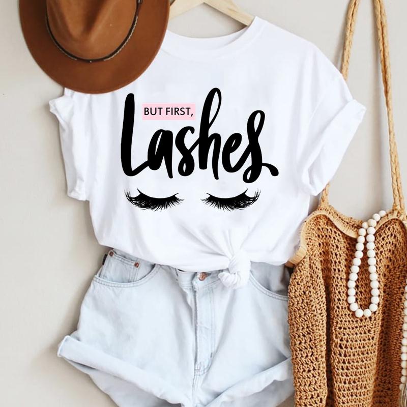 Women Make Up Letter Funny New Eye Eyelash Fashion Cartoon Summer T Shirt