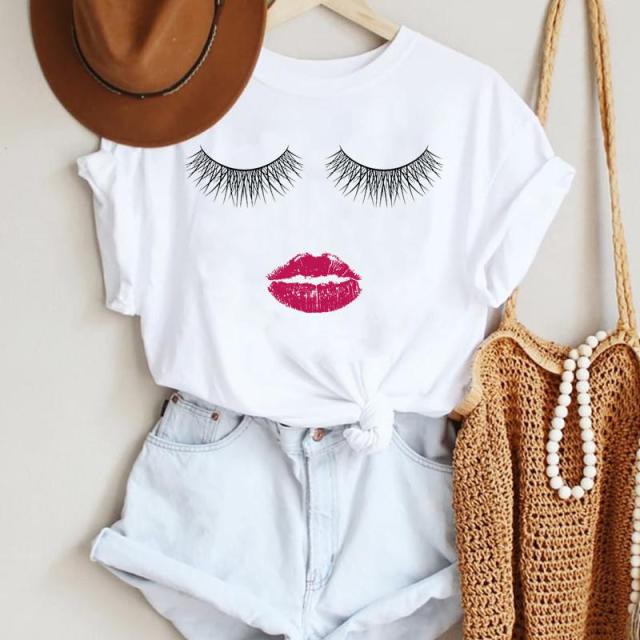 Women Make Up Letter Funny New Eye Eyelash Fashion Cartoon Summer T Shirt