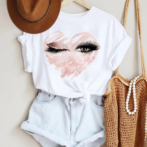 Women Make Up Letter Funny New Eye Eyelash Fashion Cartoon Summer T Shirt