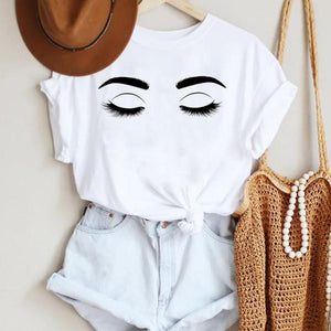 Women Make Up Letter Funny New Eye Eyelash Fashion Cartoon Summer T Shirt