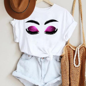 Women Make Up Letter Funny New Eye Eyelash Fashion Cartoon Summer T Shirt