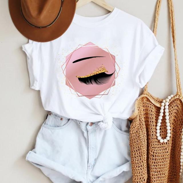 Women Make Up Letter Funny New Eye Eyelash Fashion Cartoon Summer T Shirt