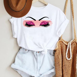 Women Make Up Letter Funny New Eye Eyelash Fashion Cartoon Summer T Shirt