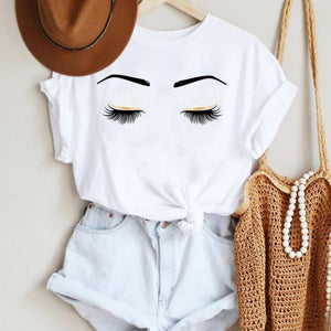 Women Make Up Letter Funny New Eye Eyelash Fashion Cartoon Summer T Shirt