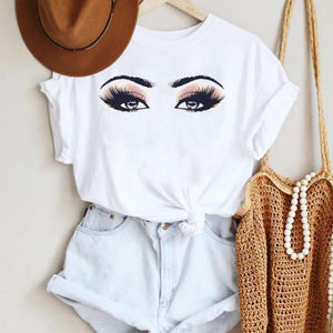 Women Make Up Letter Funny New Eye Eyelash Fashion Cartoon Summer T Shirt