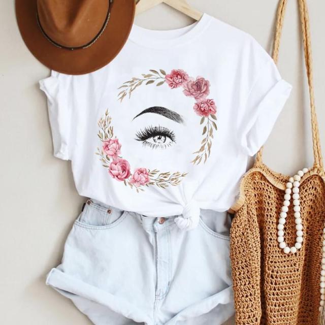 Women Make Up Letter Funny New Eye Eyelash Fashion Cartoon Summer T Shirt