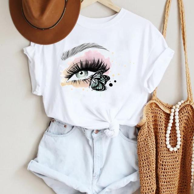 Women Make Up Letter Funny New Eye Eyelash Fashion Cartoon Summer T Shirt