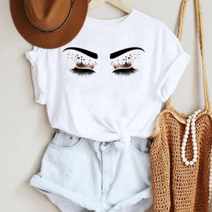 Women Make Up Letter Funny New Eye Eyelash Fashion Cartoon Summer T Shirt