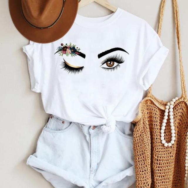 Women Make Up Letter Funny New Eye Eyelash Fashion Cartoon Summer T Shirt