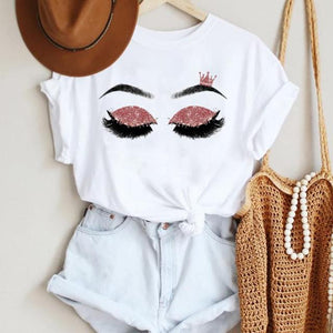 Women Make Up Letter Funny New Eye Eyelash Fashion Cartoon Summer T Shirt