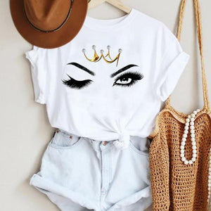 Women Make Up Letter Funny New Eye Eyelash Fashion Cartoon Summer T Shirt