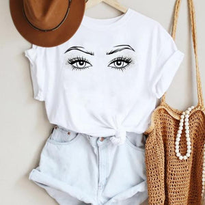 Women Make Up Letter Funny New Eye Eyelash Fashion Cartoon Summer T Shirt