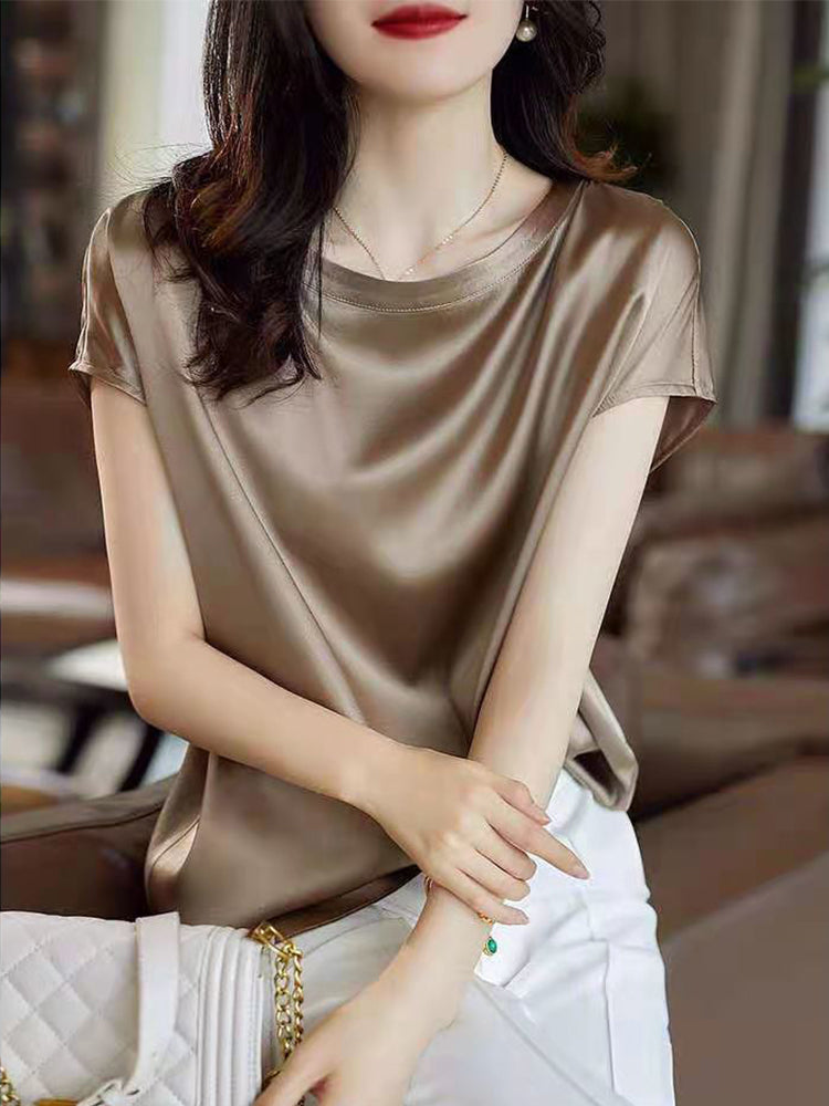 Silk Thin Short Sleeve Tees Korean Style Slip Woman Summer Clothes Tops Solid Loose Casual