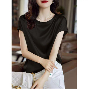 Silk Thin Short Sleeve Tees Korean Style Slip Woman Summer Clothes Tops Solid Loose Casual