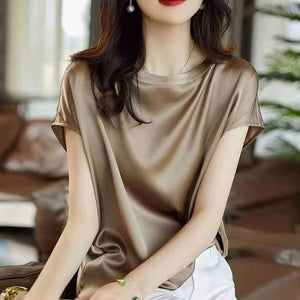 Silk Thin Short Sleeve Tees Korean Style Slip Woman Summer Clothes Tops Solid Loose Casual